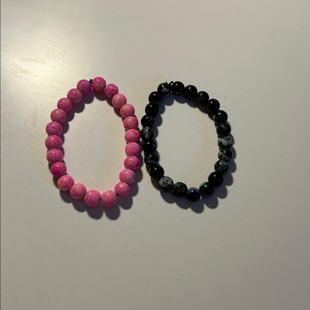 Pink and Black Handmade Beaded Bracelets Set